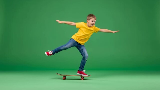 Cheerful boy on skateboard posing, demonstrating active lifestyle against green screen for chromakey project.