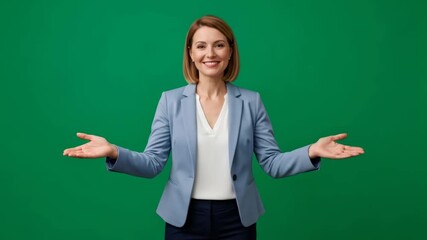 Caucasian woman smiling gesturing welcome on green screen for easily adding virtual graphics and effects - Powered by Adobe