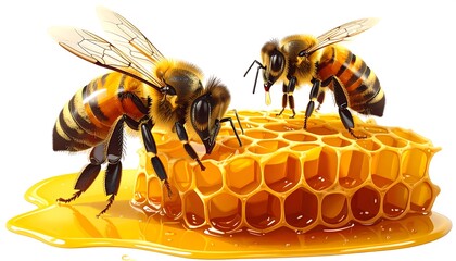 Two honeybees on a golden honeycomb, with a pool of glistening honey