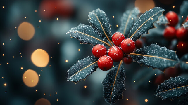 holly leaves with red berries on a green background.