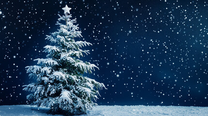 Christmas tree in forest. Christmas tree in snow covered pine woods at night