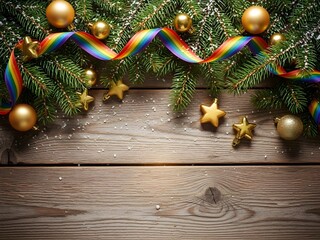 Joyful holiday celebration background with evergreen branches, glittering golden ornaments, and a vibrant rainbow pride ribbon on warm wooden planks, perfect for inclusive festive greetings
