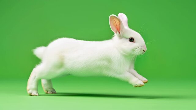 White rabbit in motion on green background for compositing. Easter animal jumping for animated footage.