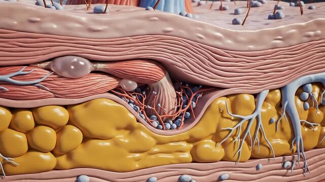 Detailed Cross Section of Human Skin Anatomy Illustrating Sebaceous Gland Hair Follicle and Adipose Tissue With Soft Natural Lighting