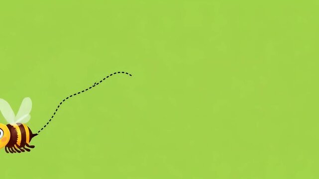 Cute cartoon honey bee flying with dotted path on vivid green background for chromakey element in wildlife animation