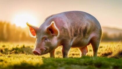 A dirty pig grazes in a meadow with grass. Farm.