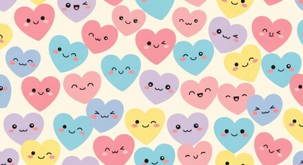 Adorable kawaii style pastel hearts with cheerful facial expressions for playful designs