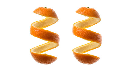Two spiraling orange peels isolated on a black background for garnish