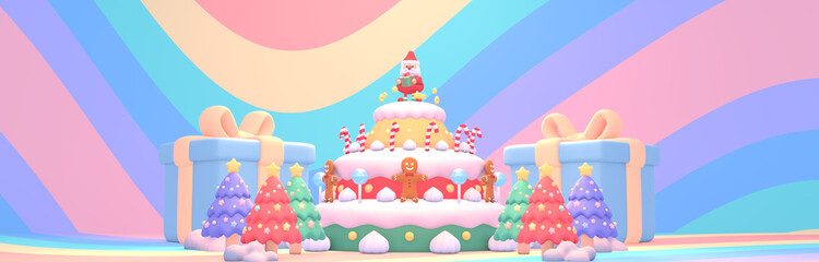 3D render cartoon Christmas cake with Santa Claus, gingerbread men, candy canes, presents, and Christmas trees.