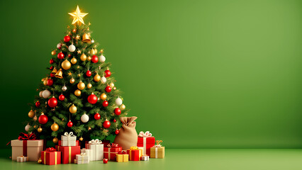Fototapeta premium Decorated Christmas Tree with Gifts and Copy Space on Green Background 3D Render