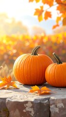Two pumpkins on a stone wall with autumn leaves and golden light
