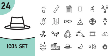Collection of Twenty Four Minimalist Black and White Outline Icons for Various Themes