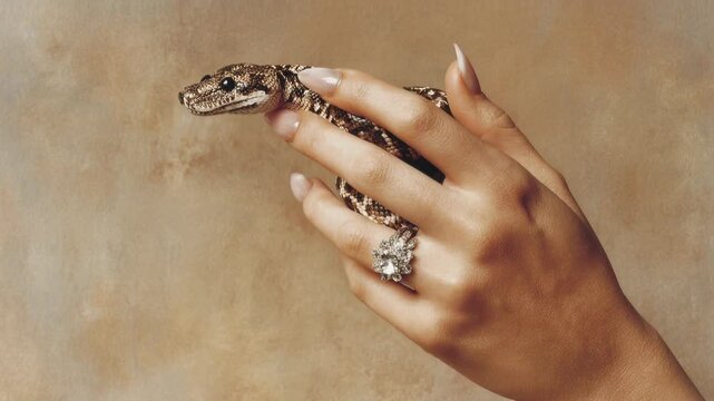 Hand wearing artistic snake shaped jewelry against soft warm background captured with rich cinematic clarity creating an immersive visual moment that draws viewers into a compelling story fi