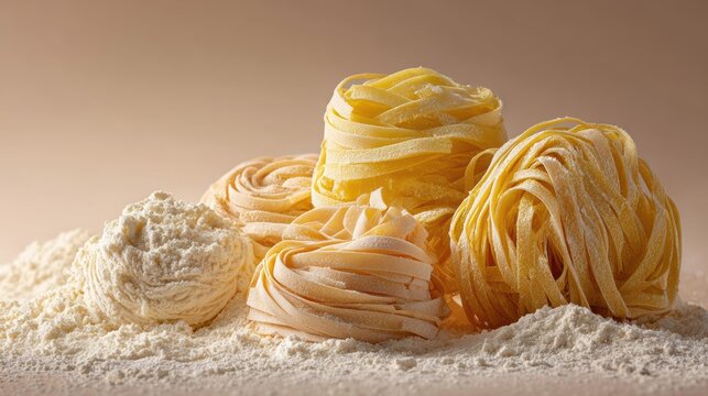 Artisan pasta nests sit nestled in flour, awaiting culinary transformation now.