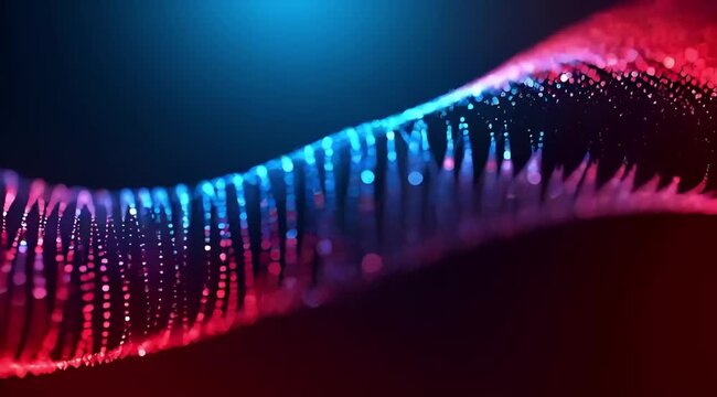 Glowing blue and red wave structure on black background, dynamic contrast.	
