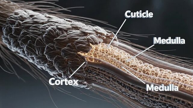 Close-up 3D Render of Human Hair Structure Showing Cuticle Cortex and Medulla Layers with Detailed Texture and Scientific Labels on Dark Background