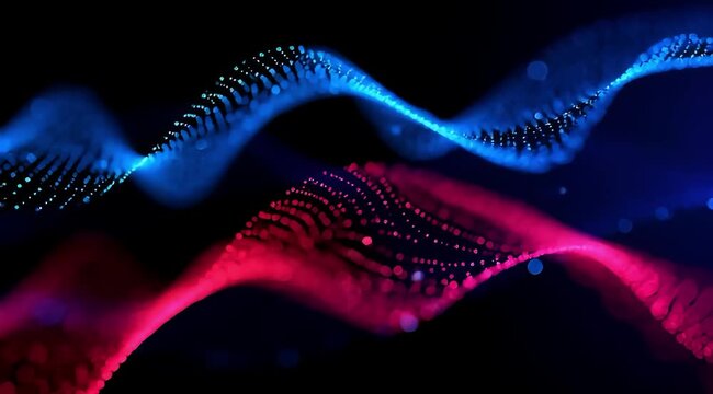 Glowing blue and red wave structure on black background, dynamic contrast.	
