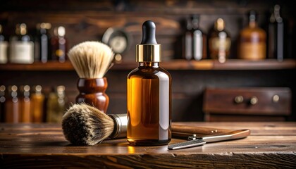 Barber Shop Oil with Brush, Razor on Wooden Table, and Vintage Style.