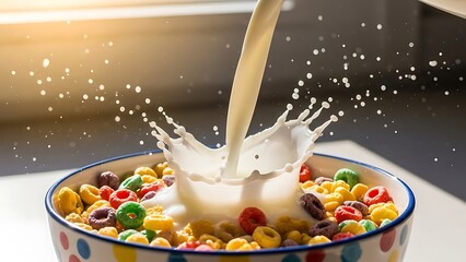 Milk splash in colorful cereal bowl captures a delicious breakfast moment