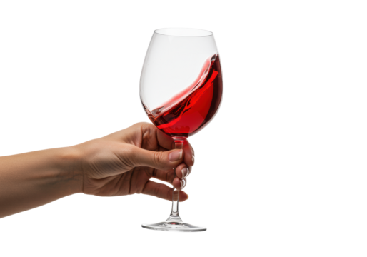 Macro close-up of an elegant caucasian woman's hand with clear manicure gripping a tilted crystal glass of vibrant ruby red wine on a high-key white background with copy space. concept for luxury