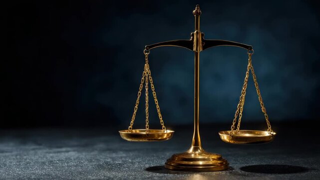 Golden Scales of Justice Balanced on Dark Textured Background with Dramatic Lighting Symbolizing Law and Fairness