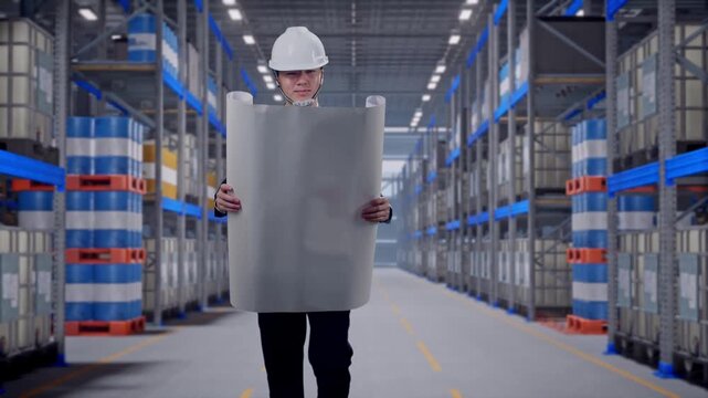 Front View of Asian Businessman Looking At Blueprint In His Hands While Walking at Warehouse Aisle with Chemical or Oil Barrels on Pallet Racking