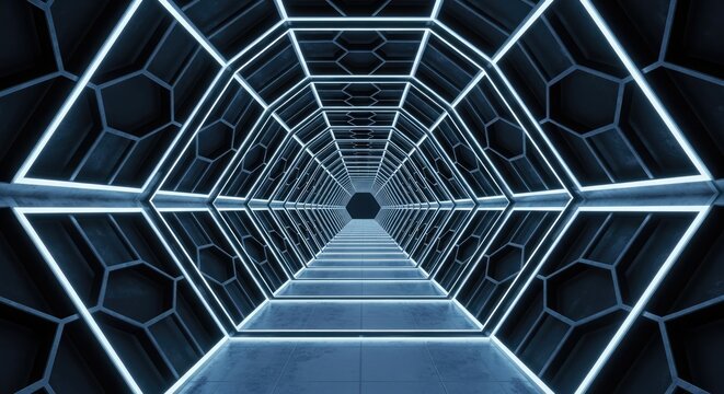 Futuristic tunnel with hexagon pattern and glowing neon lights, creating a sense of depth