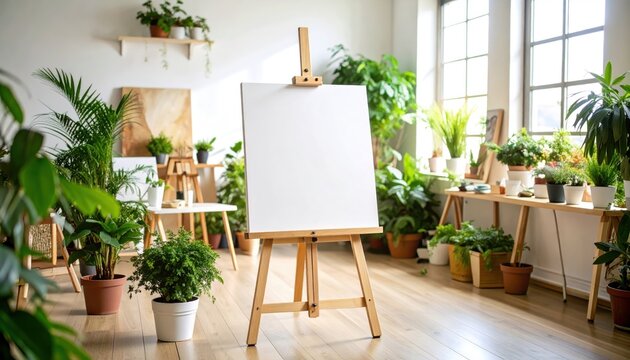 Blank canvas on easel in bright studio with plants.