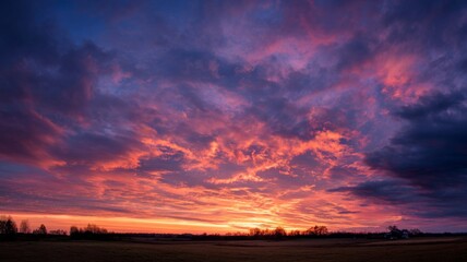 Vibrant sunset over rolling countryside hills with dramatic colorful sky and peaceful rural landscape