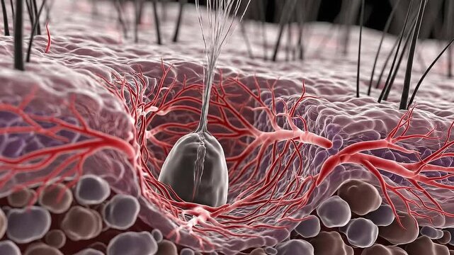 Detailed microscopic view of human skin anatomy showing hair follicle and blood vessels under epidermal layer with subcutaneous fat cells and capillaries