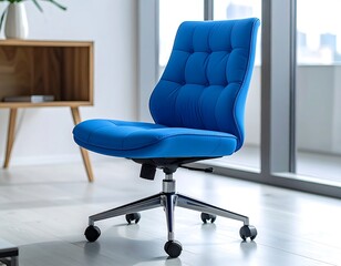 Modern blue office chair indoors near a window, showcasing a sleek design and comfort