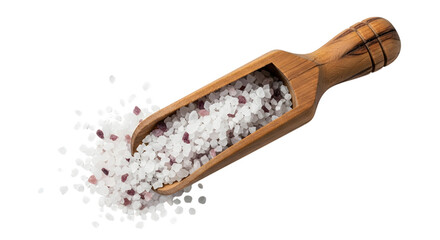 Wooden scoop filled with sea salt crystals on black background