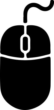 Minimalist black computer mouse icon with a scrolling wheel and connection cable representing hardware peripherals navigation tools digital workspace efficiency and modern computing interface technolo