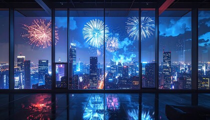 Cityscape view through large glass windows at night, with colorful fireworks illuminating the skyline