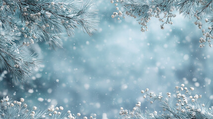 Nordic-inspired winter background, frosty pine branches and white berries along the corners, cool blue and silver palette, soft falling snow, serene and calm mood