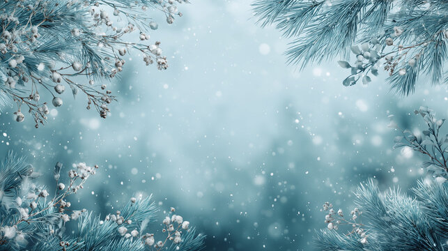 Nordic-inspired winter background, frosty pine branches and white berries along the corners, cool blue and silver palette, soft falling snow, serene and calm mood
