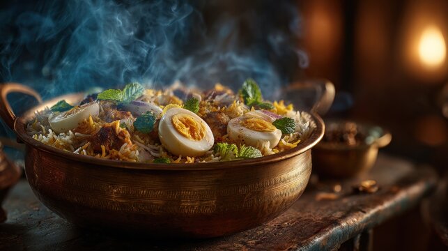 Aromatic rice dish with tender chicken, eggs, and herbs steaming in a brass bowl.