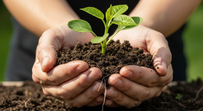 Green seedlings sprouting from rich, fertile dark soil.