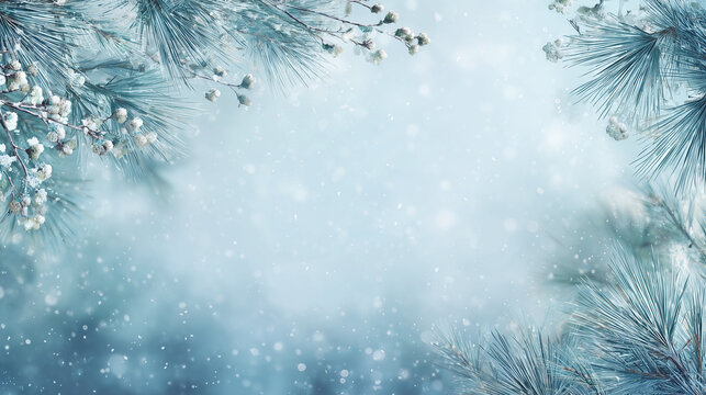 Nordic-inspired winter background, frosty pine branches and white berries along the corners, cool blue and silver palette, soft falling snow, serene and calm mood