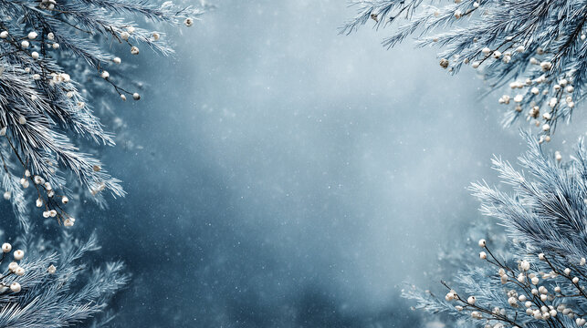 Nordic-inspired winter background, frosty pine branches and white berries along the corners, cool blue and silver palette, soft falling snow, serene and calm mood