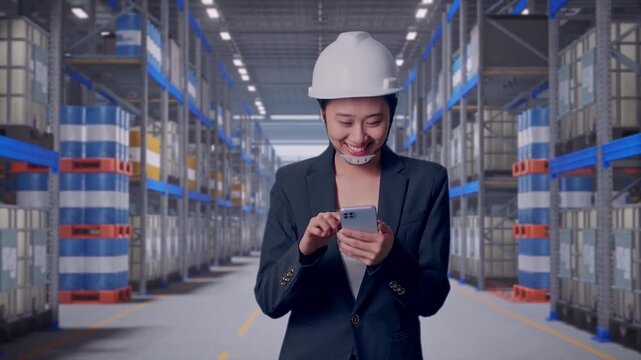 Front View of Asian Businesswoman Use Smartphone While Walking at Warehouse Aisle with Chemical or Oil Barrels on Pallet Racking