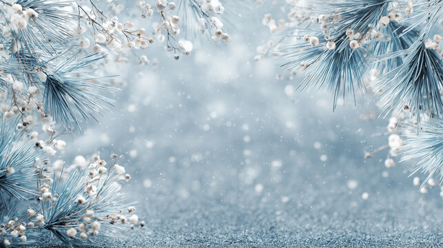 Nordic-inspired winter background, frosty pine branches and white berries along the corners, cool blue and silver palette, soft falling snow, serene and calm mood