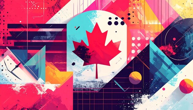 Vibrant abstract geometric design featuring a maple leaf and dynamic shapes in various colors