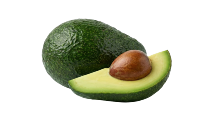 Fresh Avocado: A vibrant avocado, its rough green exterior and creamy interior promise a taste of tropical delight. Next to it a slice revealing the central seed.
