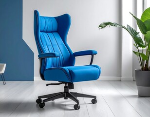 Modern blue office chair with high back next to a plant in a bright, minimalist interior