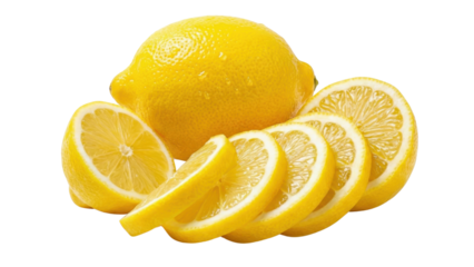 Zesty Citrus Delight: A vibrant arrangement of ripe lemons, showcasing both whole and sliced fruit to highlight their refreshing appeal. 