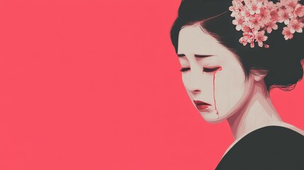 A sorrowful woman with a tear-streaked face, adorned with flowers, against a vibrant pink backdrop, evoking deep emotion.