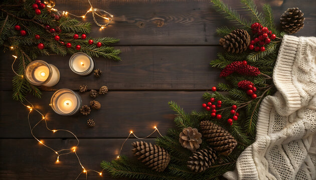 Cozy Christmas Flat Lay with Evergreen Branches, Red Berries, Candles and Winter Knitwear on Festive Background