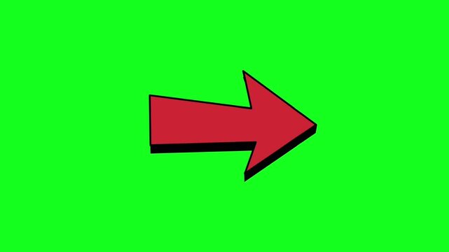 Animated red arrow pointing right on green screen for dynamic presentations, explainer videos, and motion graphics projects that require clear direction and modern design