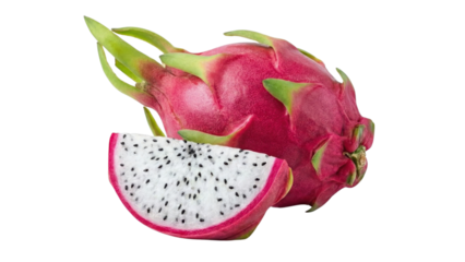 Exotic Dragon Fruit: The vivid beauty of a single dragon fruit, presented with a slice to reveal its unique and appealing interior.
